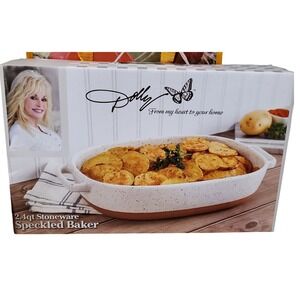 Dolly Parton 2.4qt Stoneware Speckled Baker Oval Casserole Dish White Terracotta